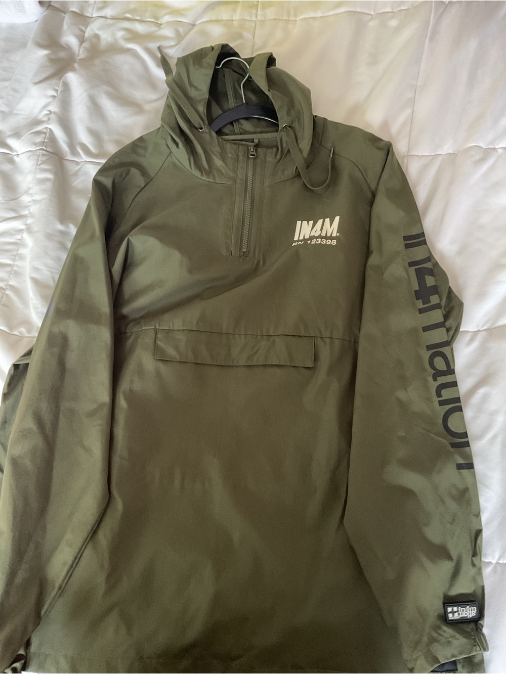 Olive Hooded Pullover Rain Anorak with Sleeve Logo